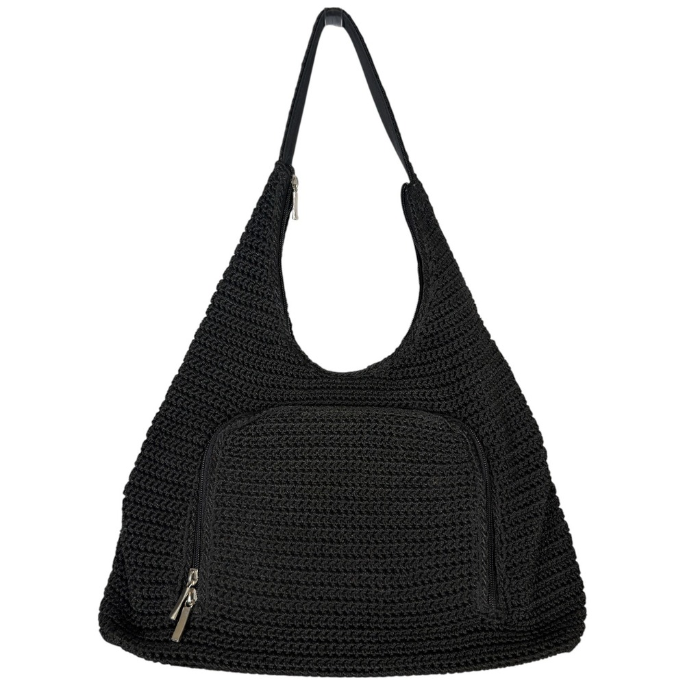 Unbranded Black Crochet Hobo Shoulder Bag Bow Zip Pocket Rayon